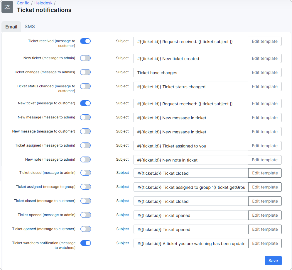 Ticket notifications under Email tab