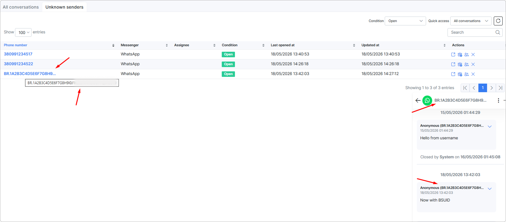 Unknown senders tab with a username-based chat