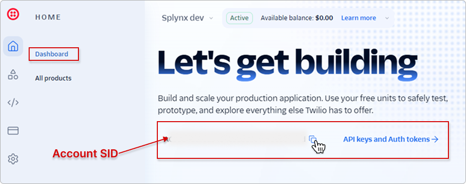 Twilio Home dashboard with the Account SID and the API keys and Auth tokens link