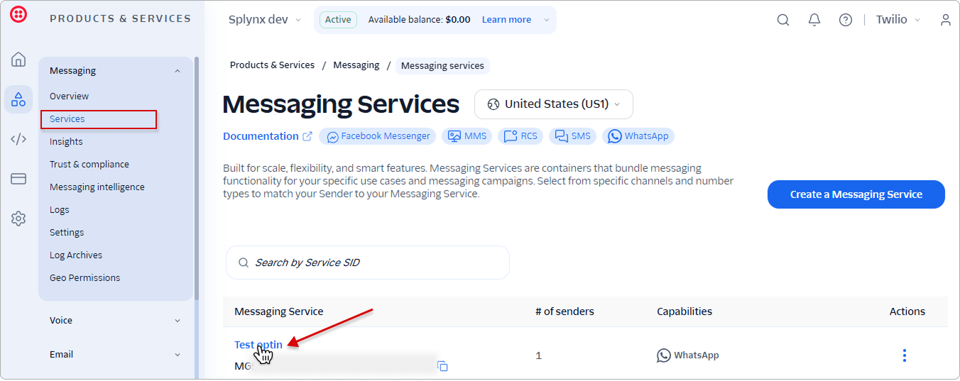 Messaging Services list with the service name opened