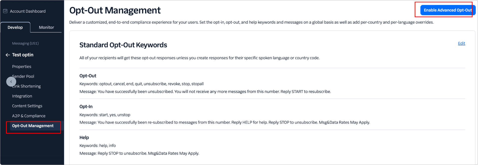 Opt-Out Management tab on the Messaging Service with the Enable advanced opt-out button highlighted