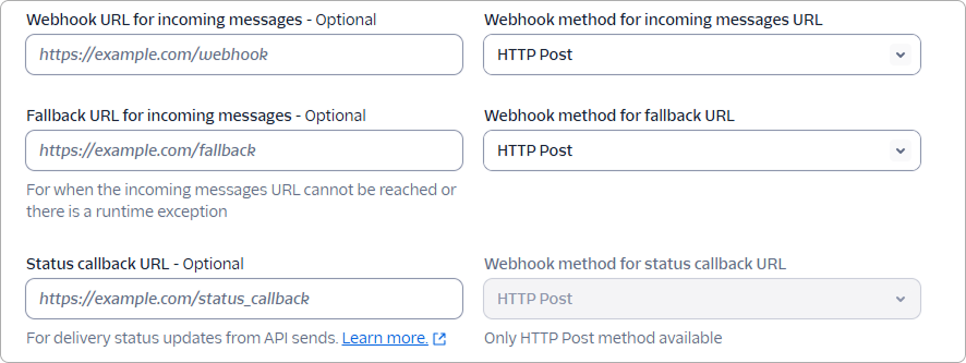 Messaging Endpoint Configuration with the webhook, fallback, and status callback URL fields left empty