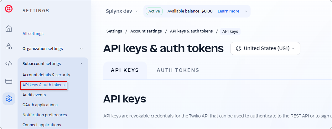 Settings menu with API keys and auth tokens under Subaccount settings