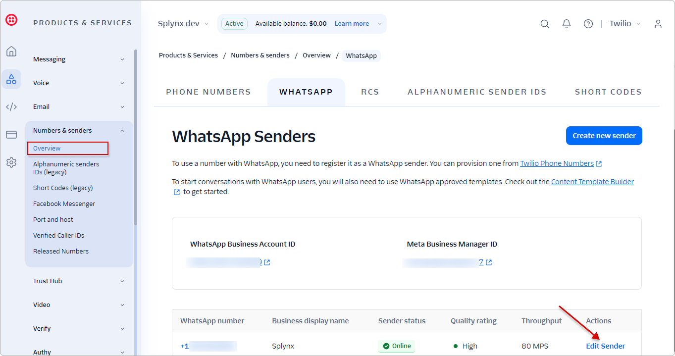 WhatsApp Senders table with the Edit Sender link in the Actions column