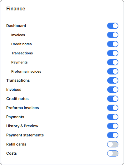 Finance card with its feature toggles