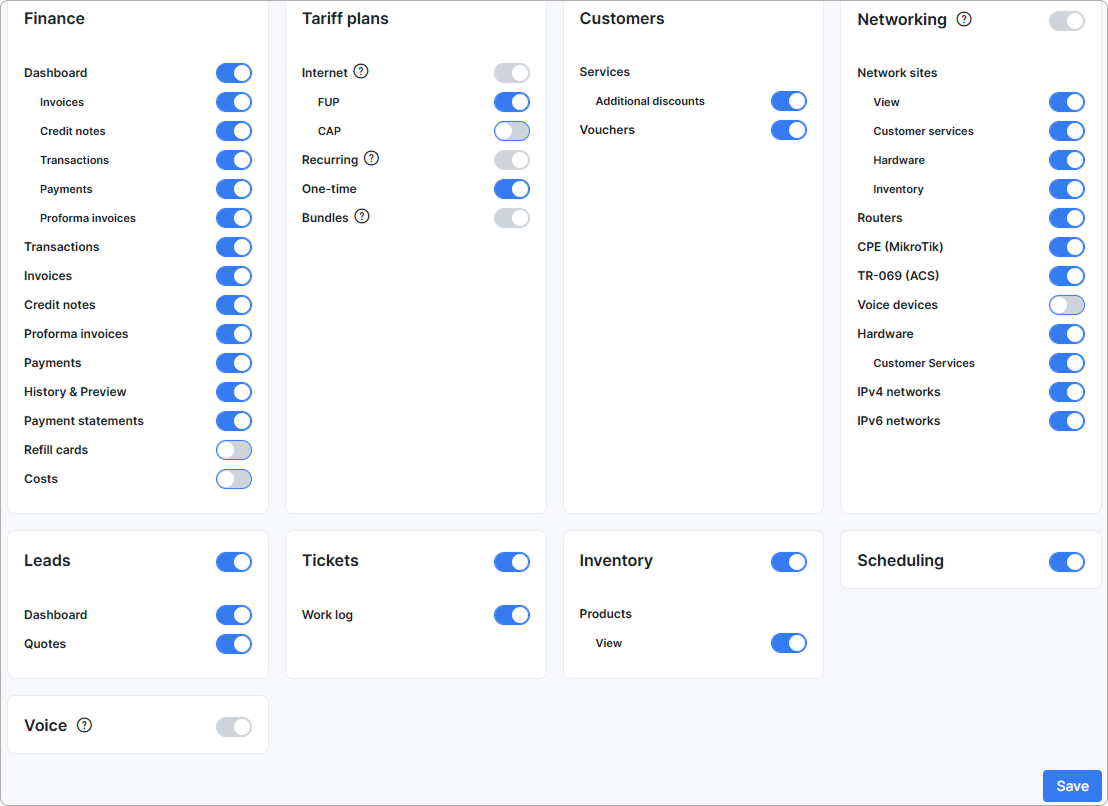 Main modules page showing all module cards and their toggles