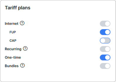 Tariff plans card with its feature toggles