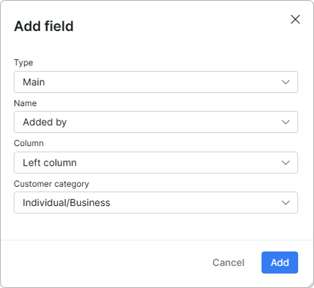 Add field dialog for the leads form