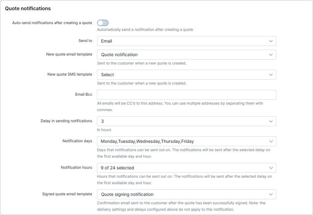 Quote notifications section