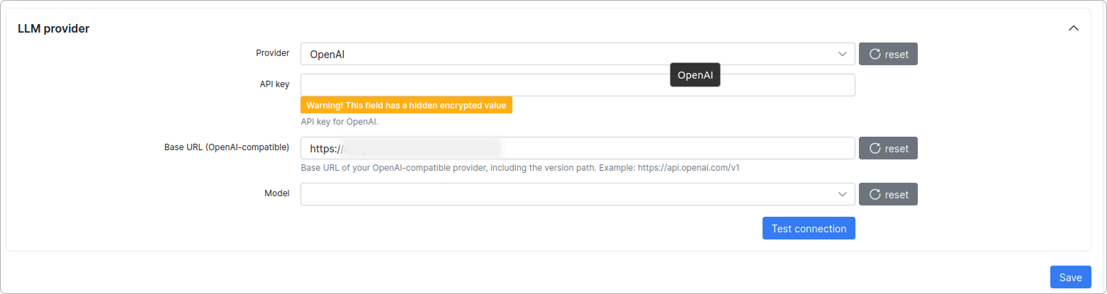 LLM provider settings with OpenAI selected, showing the API key, Base URL, and Model fields