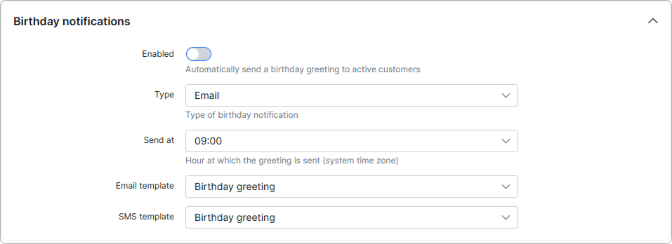 Birthday notifications section