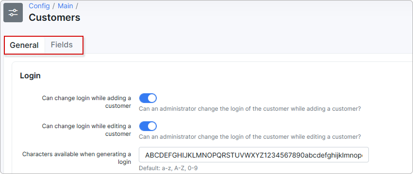 Customers configuration General and Fields tabs