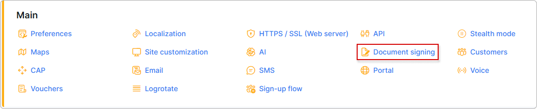 Config → Main menu with the Document signing item highlighted