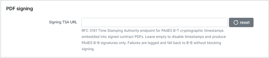 Document signing PDF signing section with the Signing TSA URL field