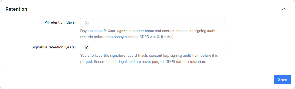 Document signing Retention section