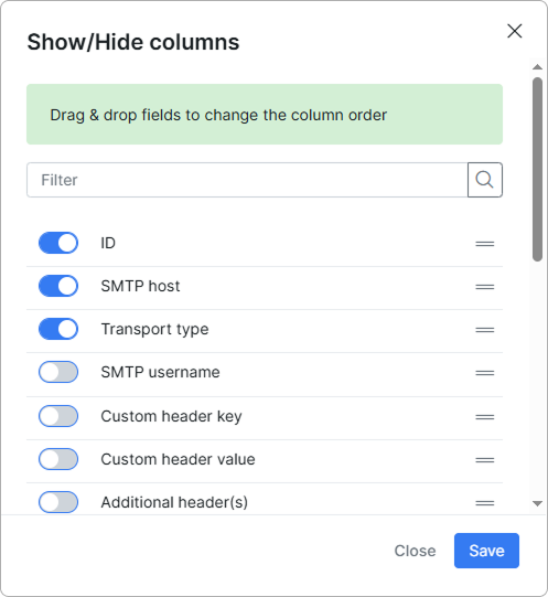 Show/Hide columns for Outgoing method