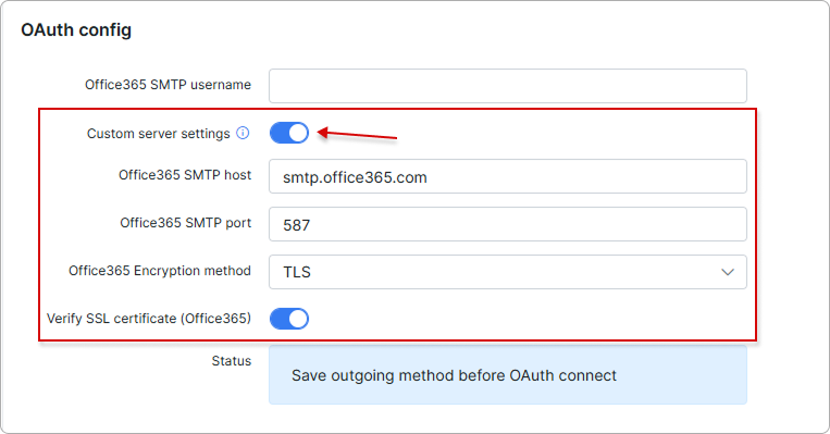 OAuth Office 365 with custom server settings