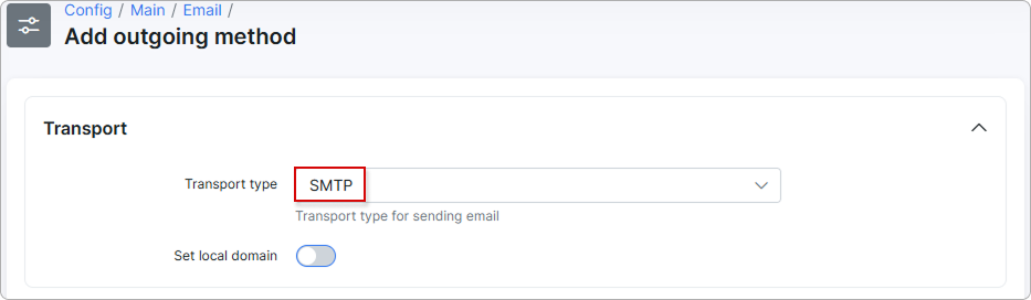 Transport type is set to SMTP