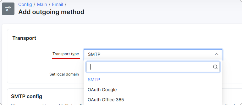 Add outgoing method - Transport type dropdown
