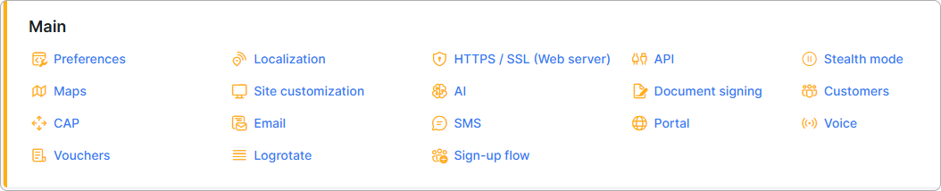 Main configuration section with navigation links