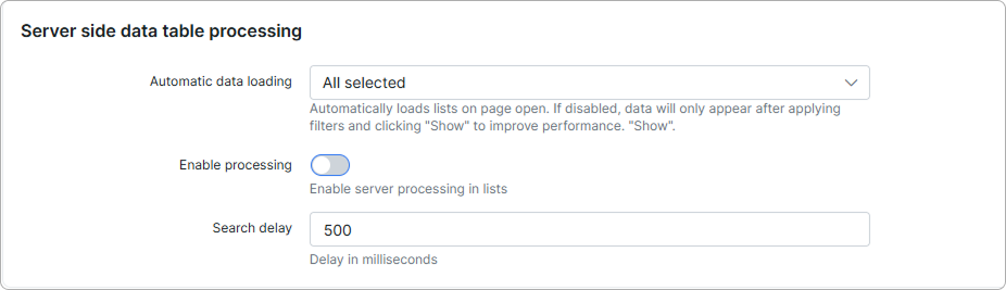 Server side data table processing section