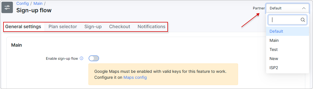 Configuration tabs with the Partner drop-down menu