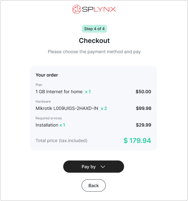 Sign-up Checkout step with order summary and payment method