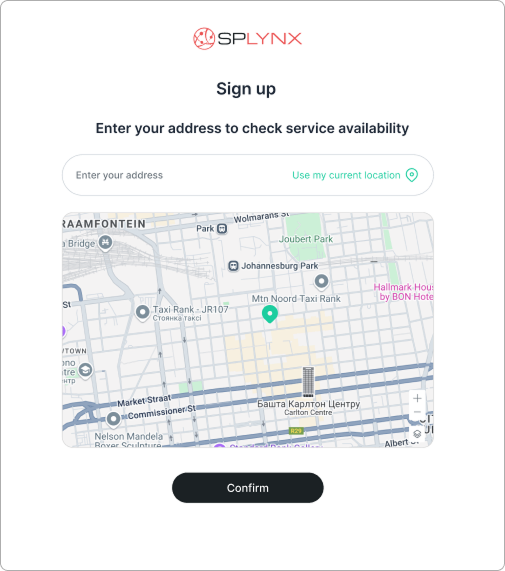 Sign-up page coverage check with address field and map