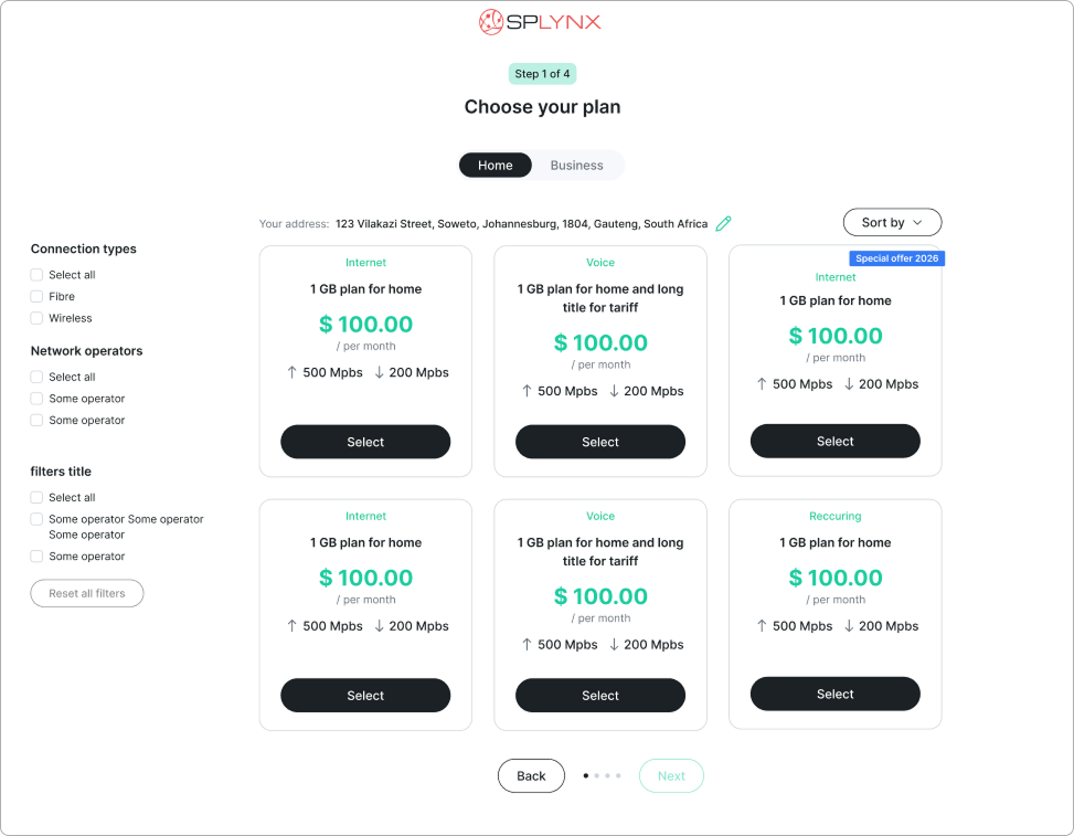 Sign-up Choose your plan step with filters and plan cards