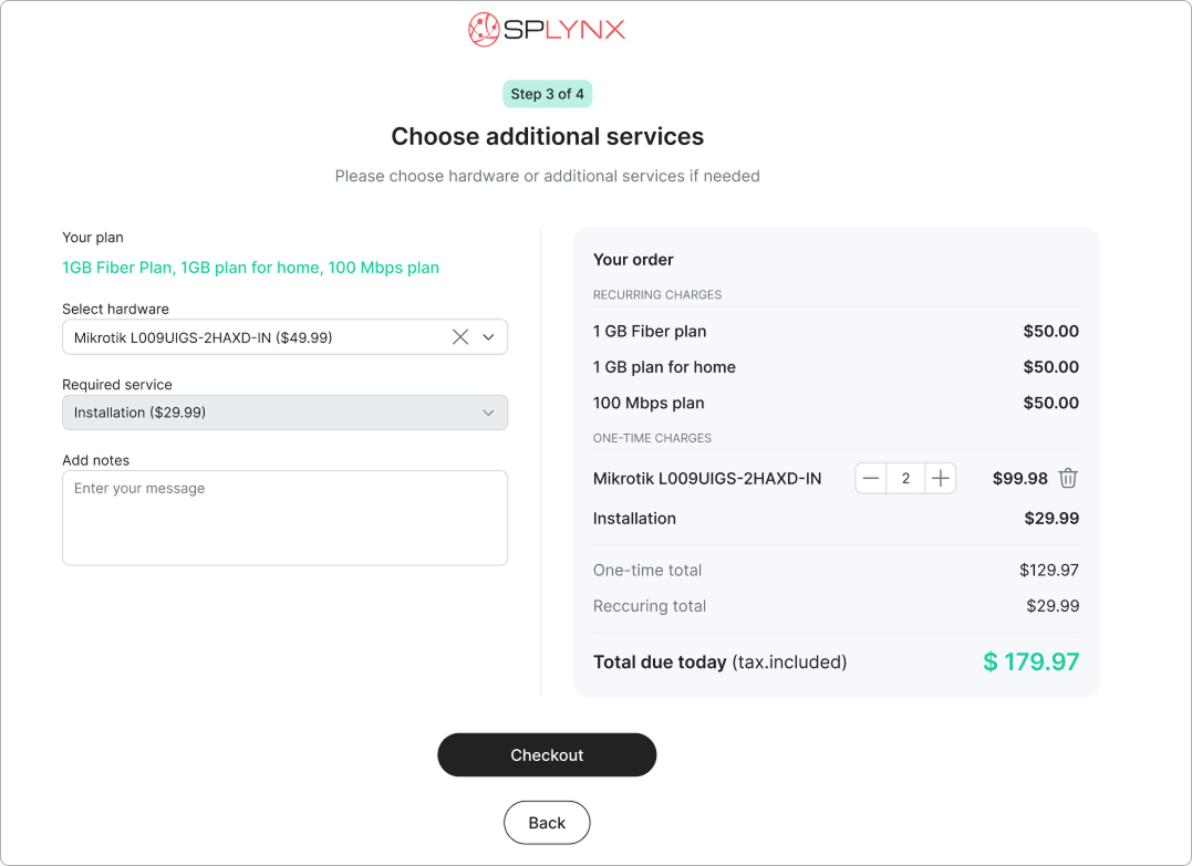 Sign-up Choose additional services step with hardware selection and order summary