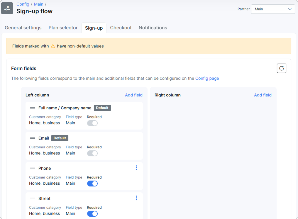 Sign-up flow Sign-up tab showing the Form fields columns