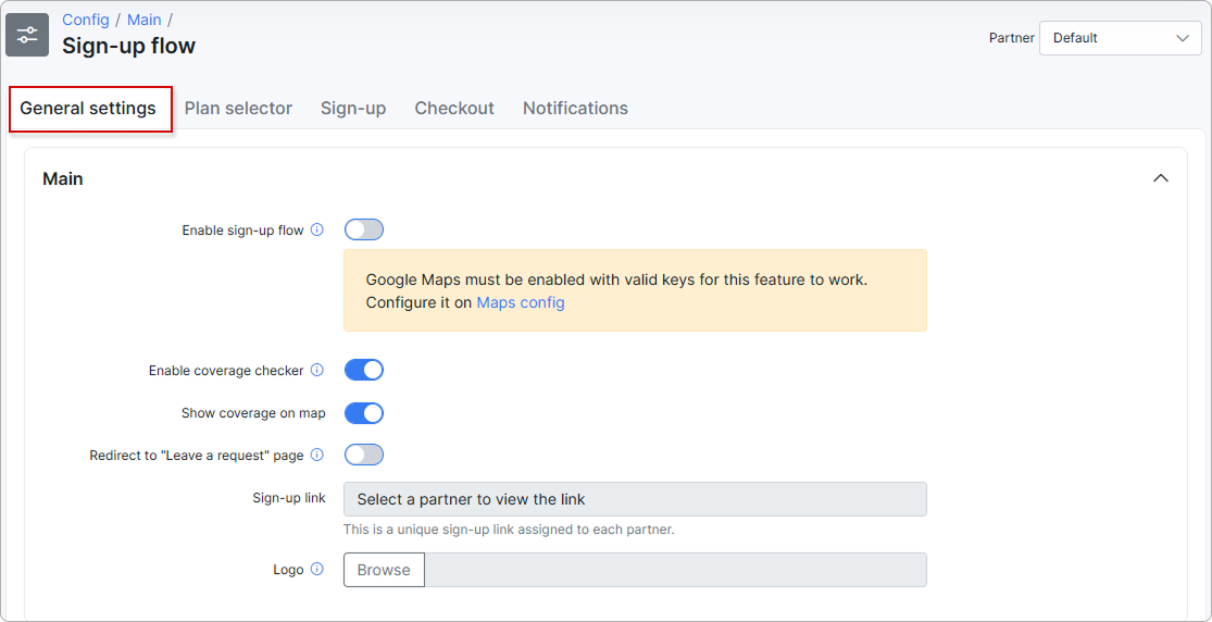 Sign-up flow General settings Main section with the Enable sign-up flow toggle, coverage options, Sign-up link, and Logo