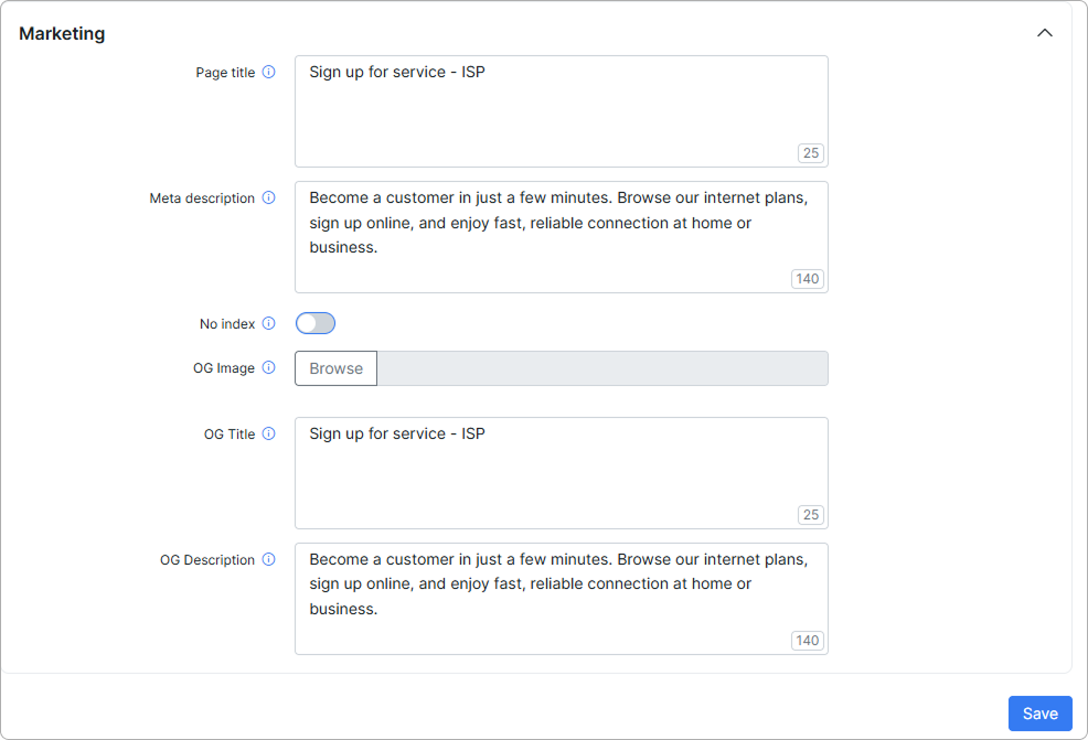 Sign-up flow Marketing section with page title, meta description, and Open Graph fields
