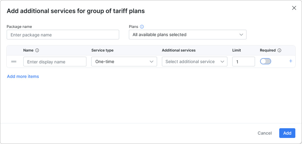 Package builder Add additional services for group of tariff plans dialog