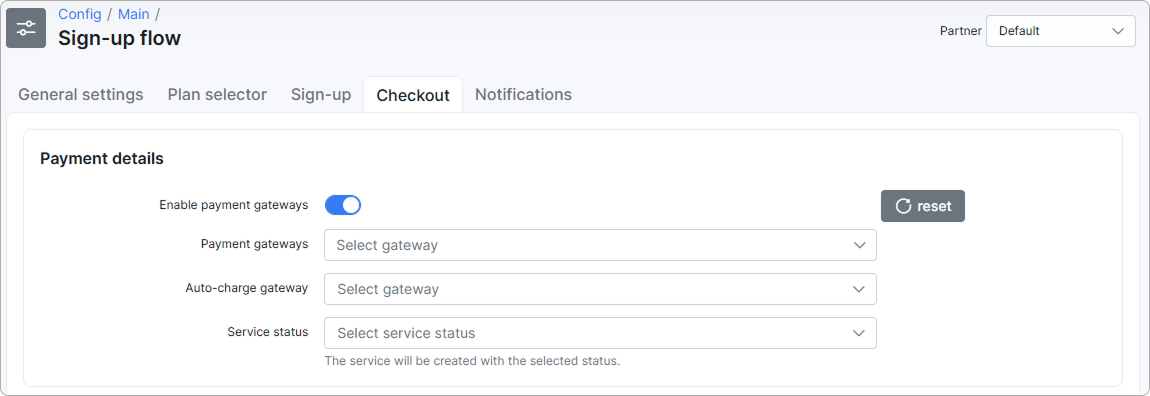 Sign-up flow Checkout tab with Payment details, One-time password, and Additional settings sections