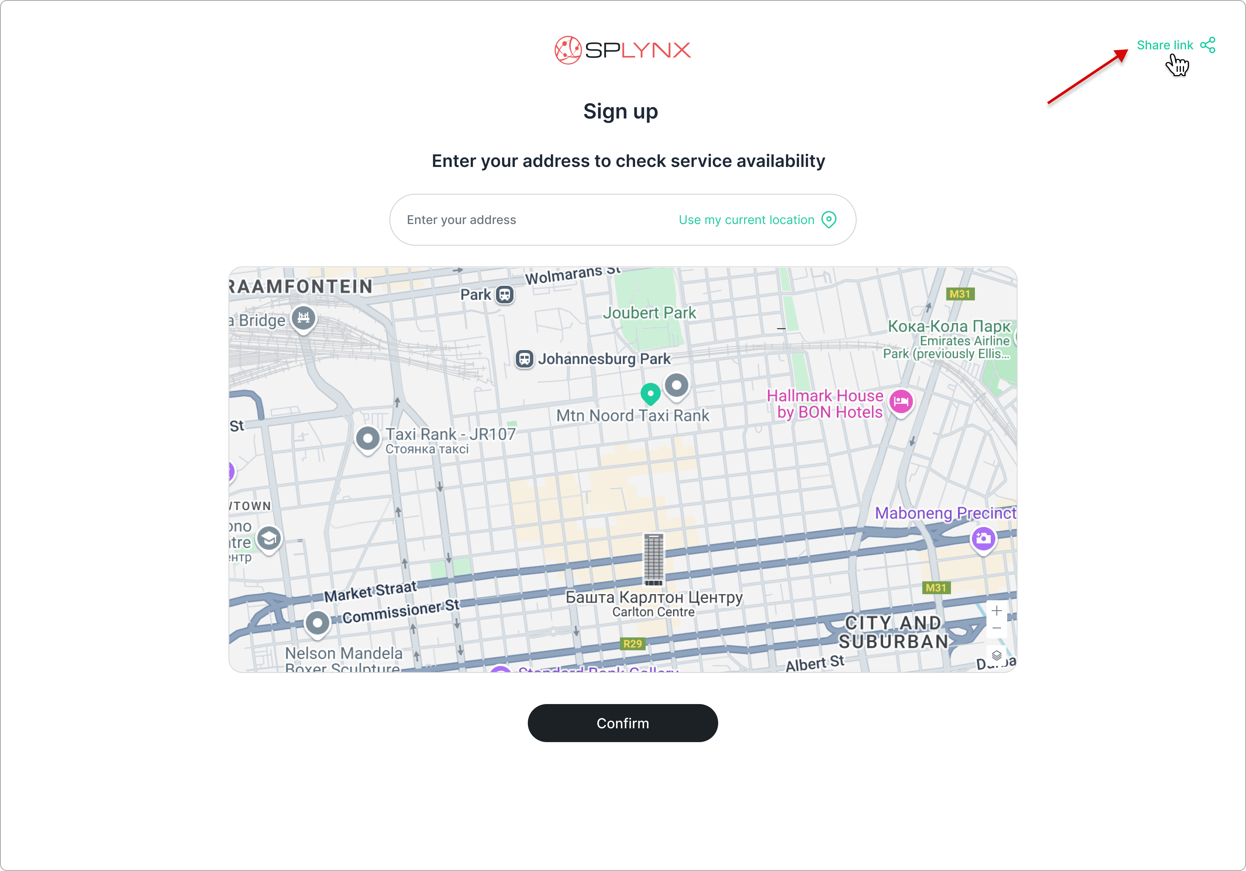 Share link button on the sign-up page