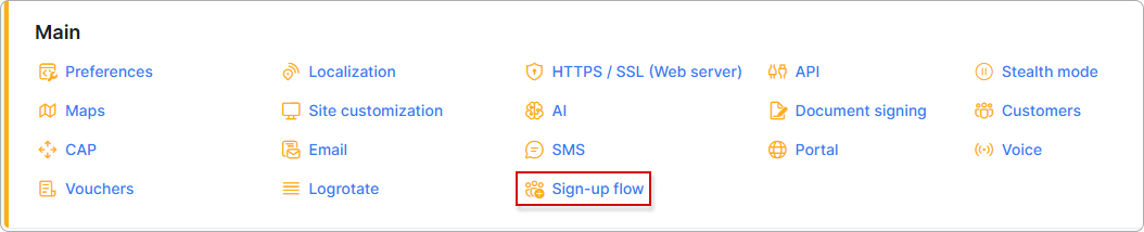 Config Main menu with the Sign-up flow link highlighted