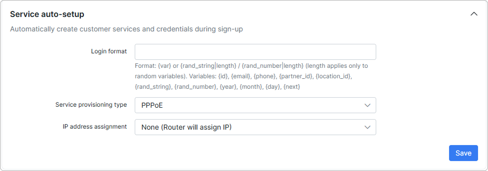 Sign-up flow Plan selector tab with the Service auto-setup section