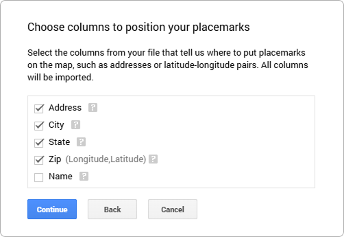Selected columns to position placemarks