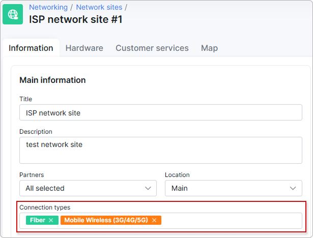 Connection types within a network site
