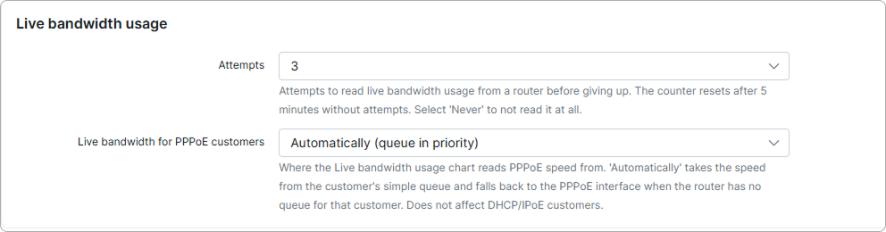 Live bandwidth usage section