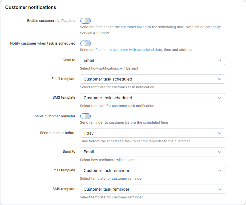 Customer notifications section