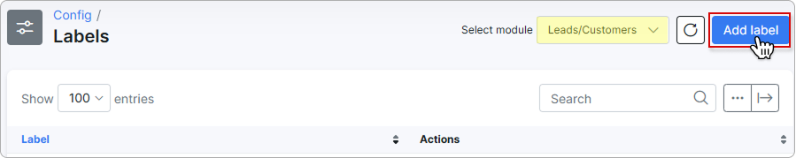 Labels interface with the selected Customers/Leads module and the Add label button at the top right