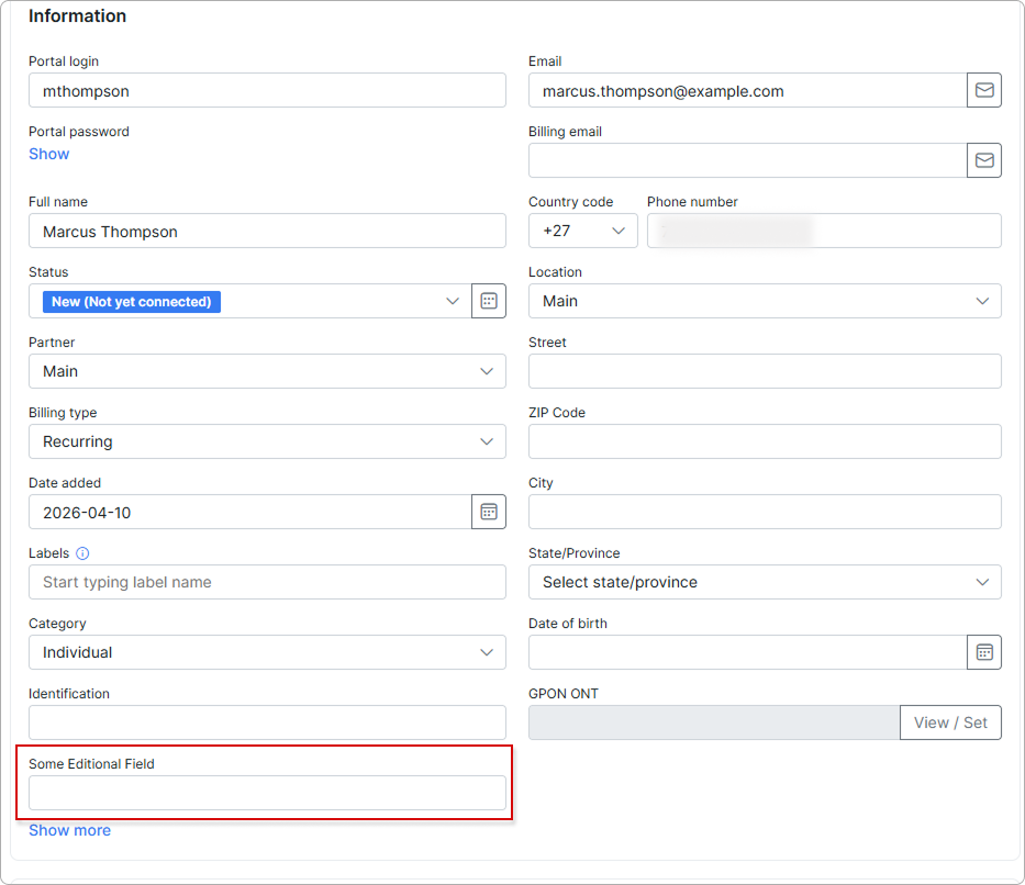 The additional field under customer's additional information section