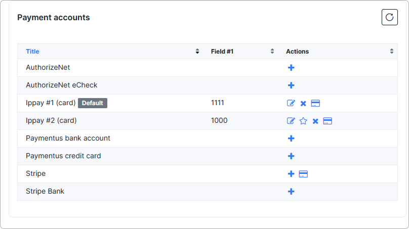 Payment accounts section listing several IpPay entries with the Default label on one of them