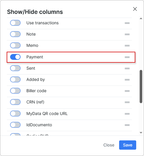 Toggle to switch on the Payment column