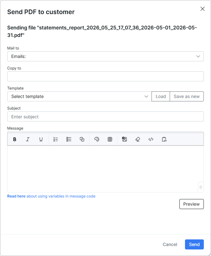 Send PDF to customer modal opened for a statement with the Mail to selector and the Copy to field