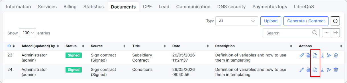 Audit trail icon in the Actions column of the Documents table