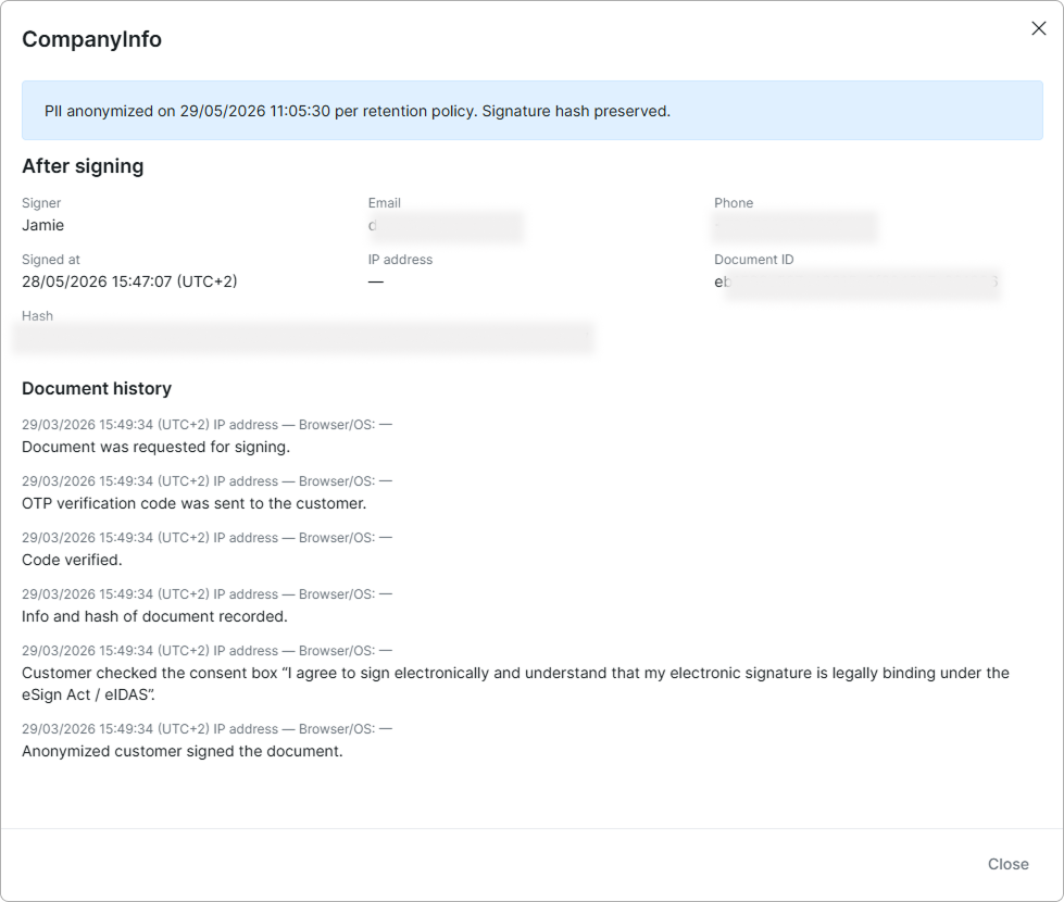 Audit trail modal with the After signing details and Document history