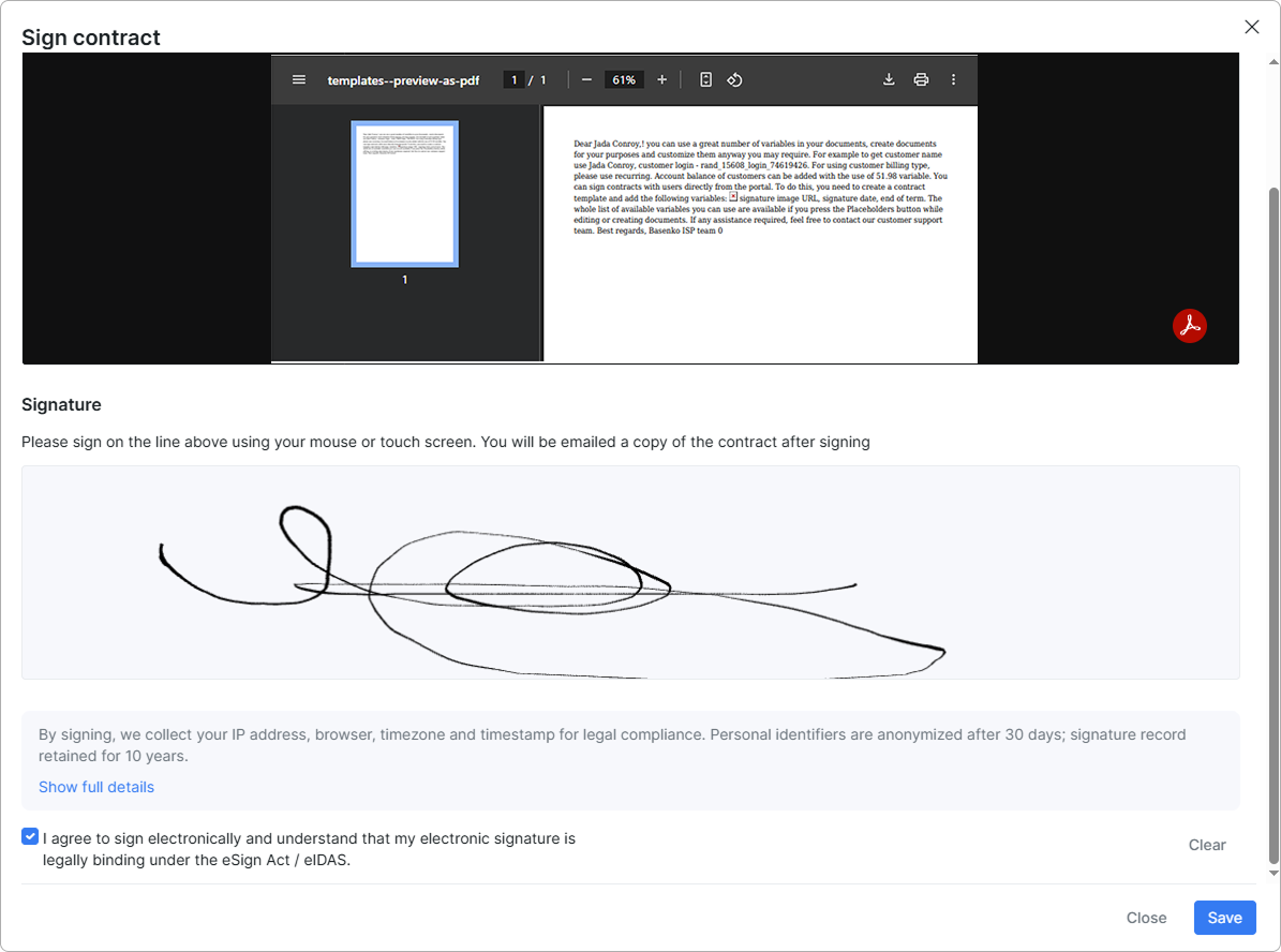 Electronic-signing consent and data-collection notice in the signature window